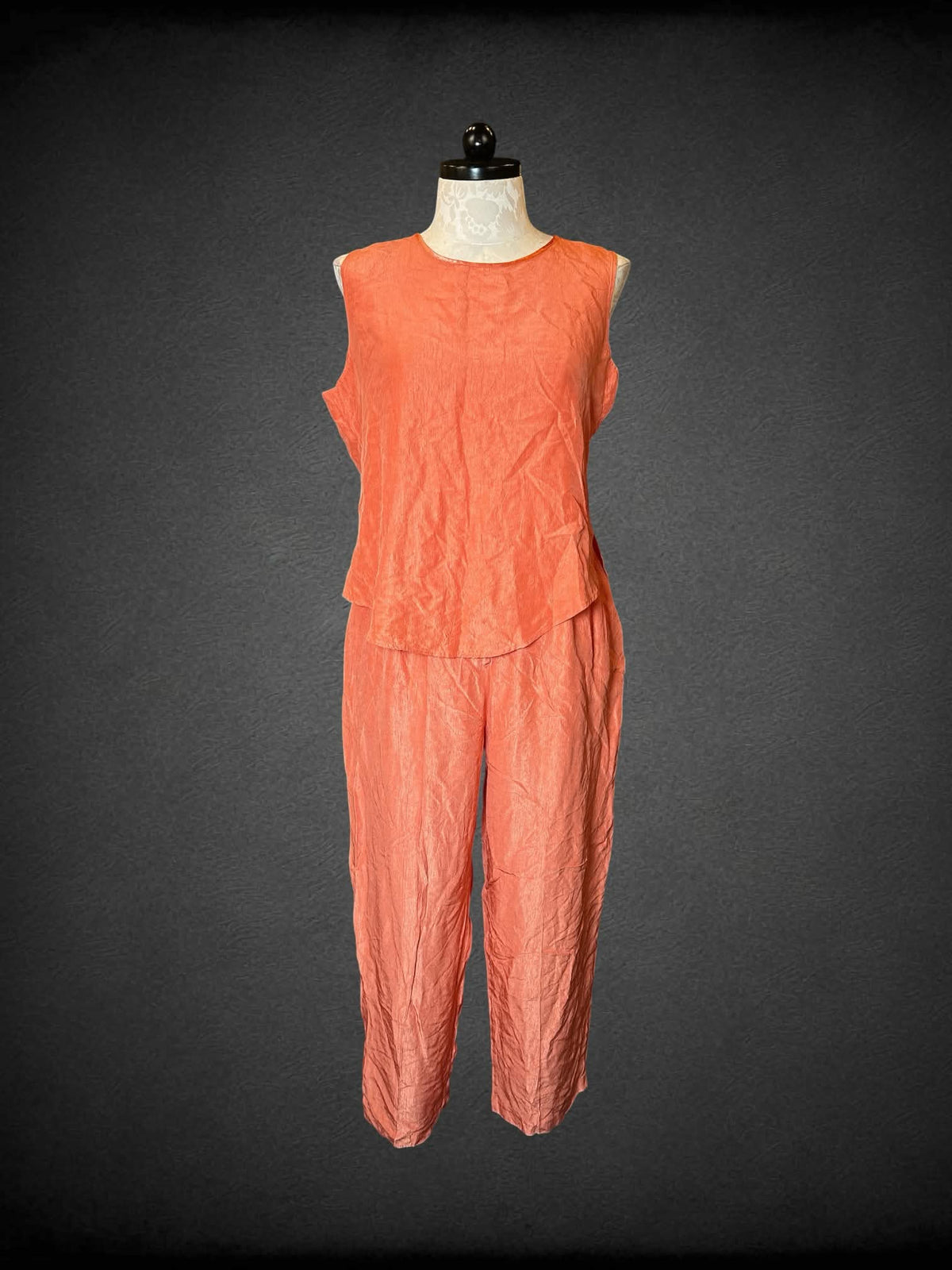 XL vintage peach two-piece set with flowy blouse, and high-waisted pants with stretch waist, and pockets