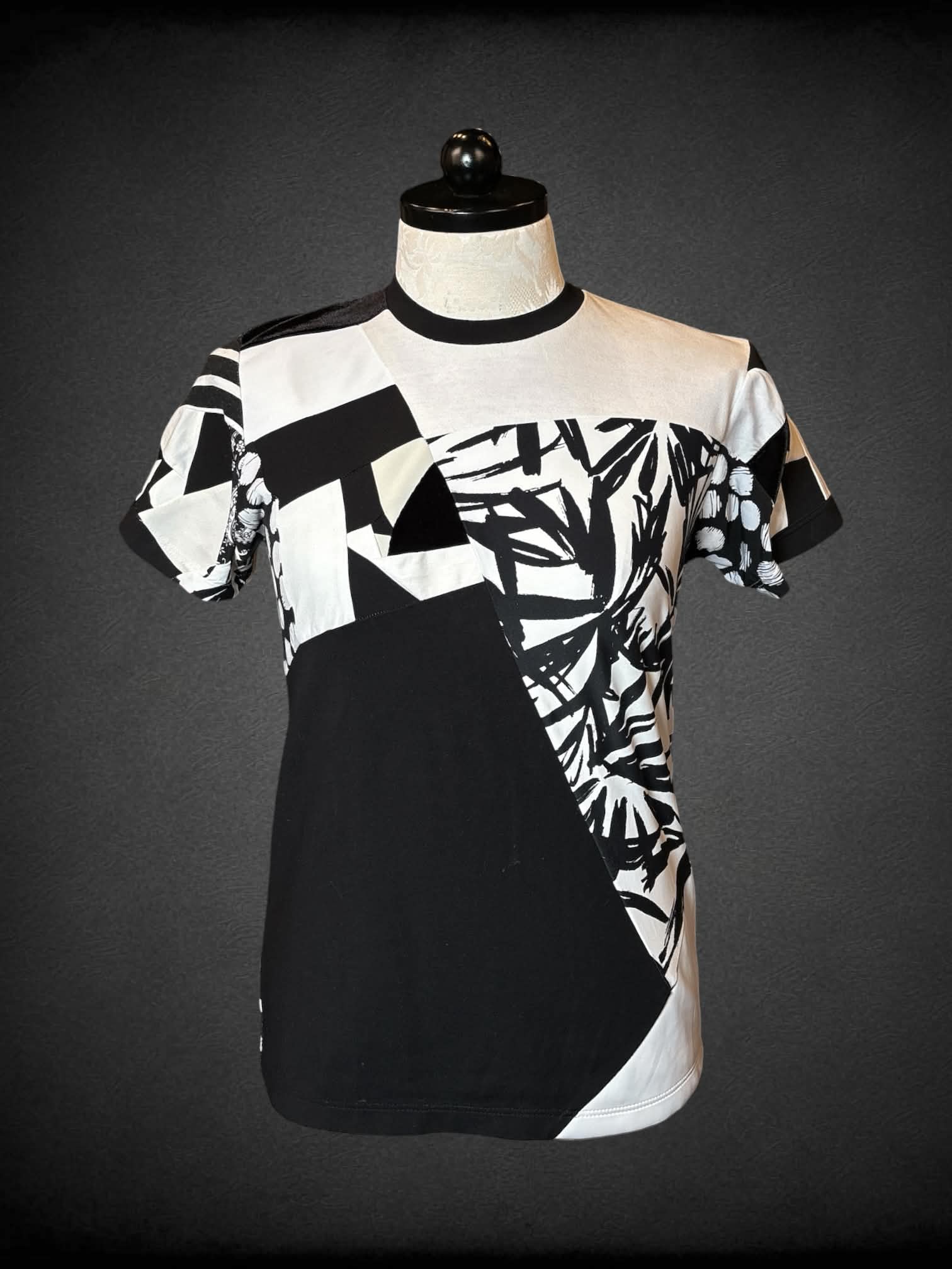 0X ZWD black & white t shirt with “patchwork-style” design and velvet textures