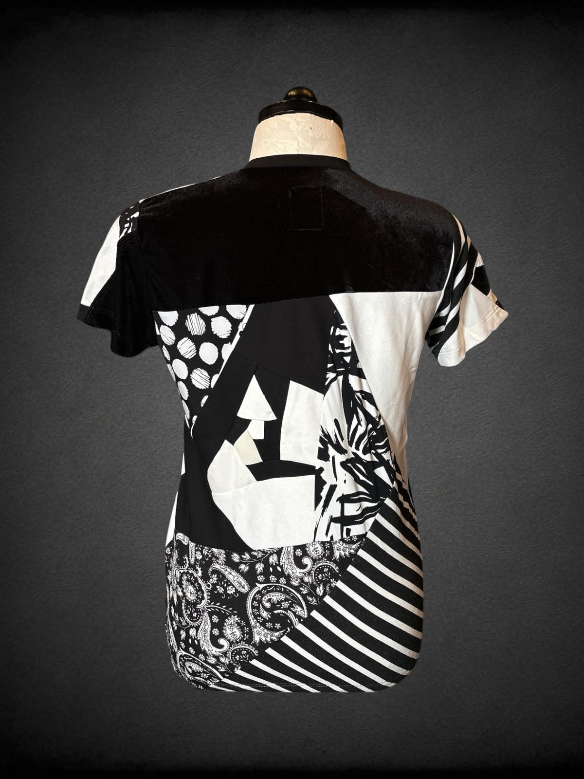0X ZWD black & white t shirt with “patchwork-style” design and velvet textures