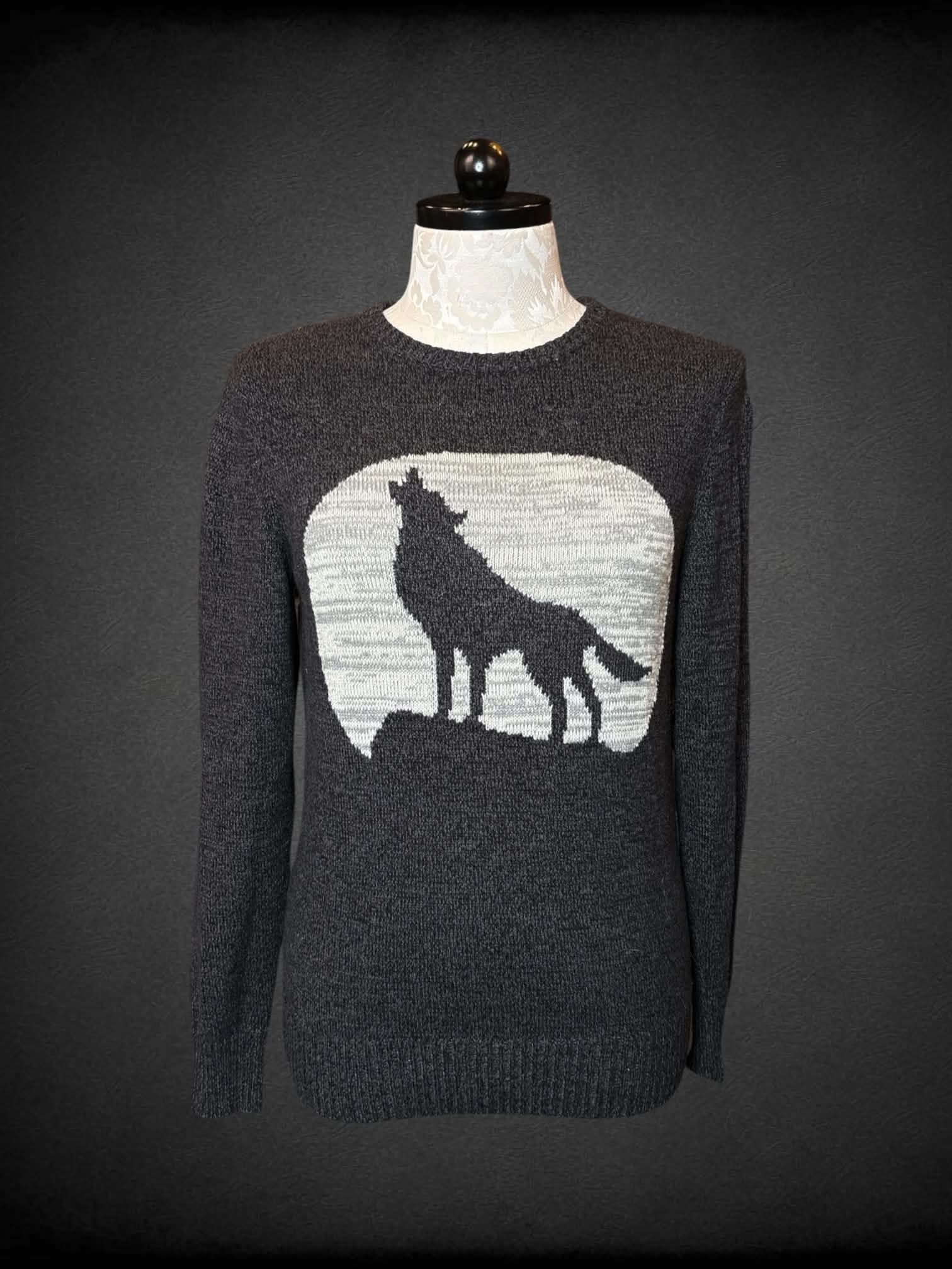 0X Urban Pipeline grey knit sweater with wolf & moon graphic on front