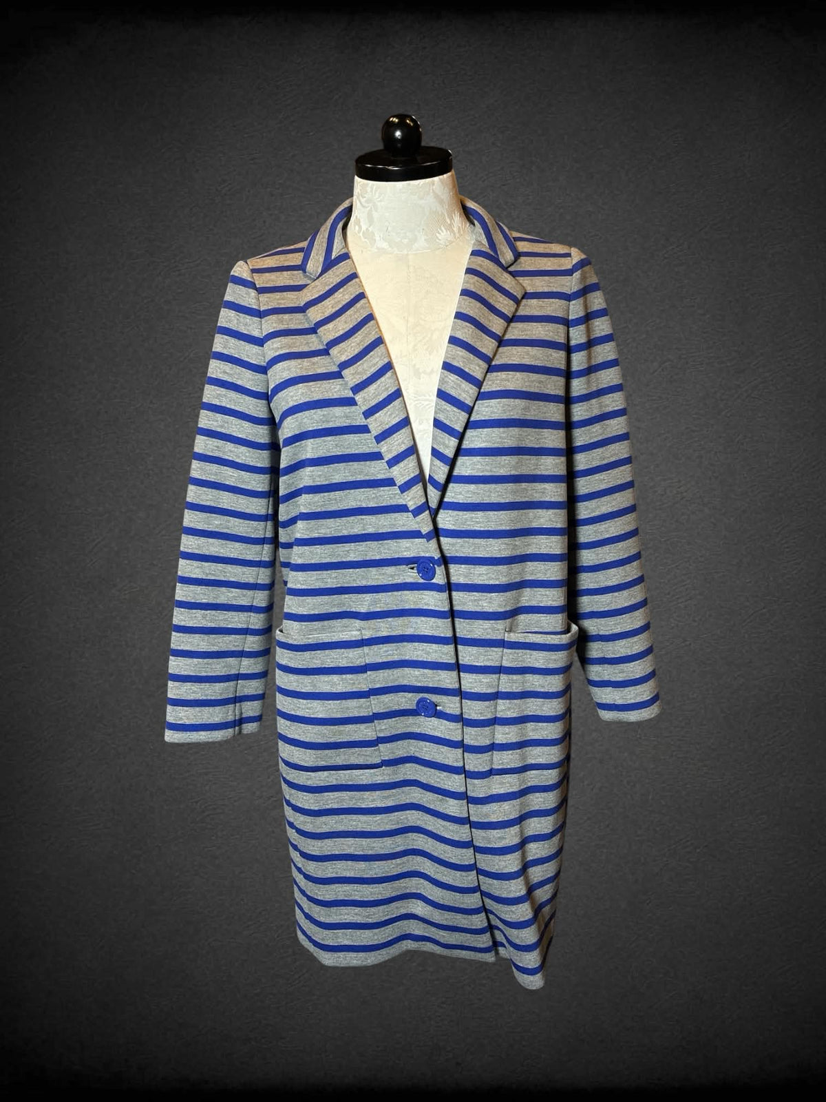 0X Kate Spade designer grey & blue striped blazer with buttons on front, and pockets