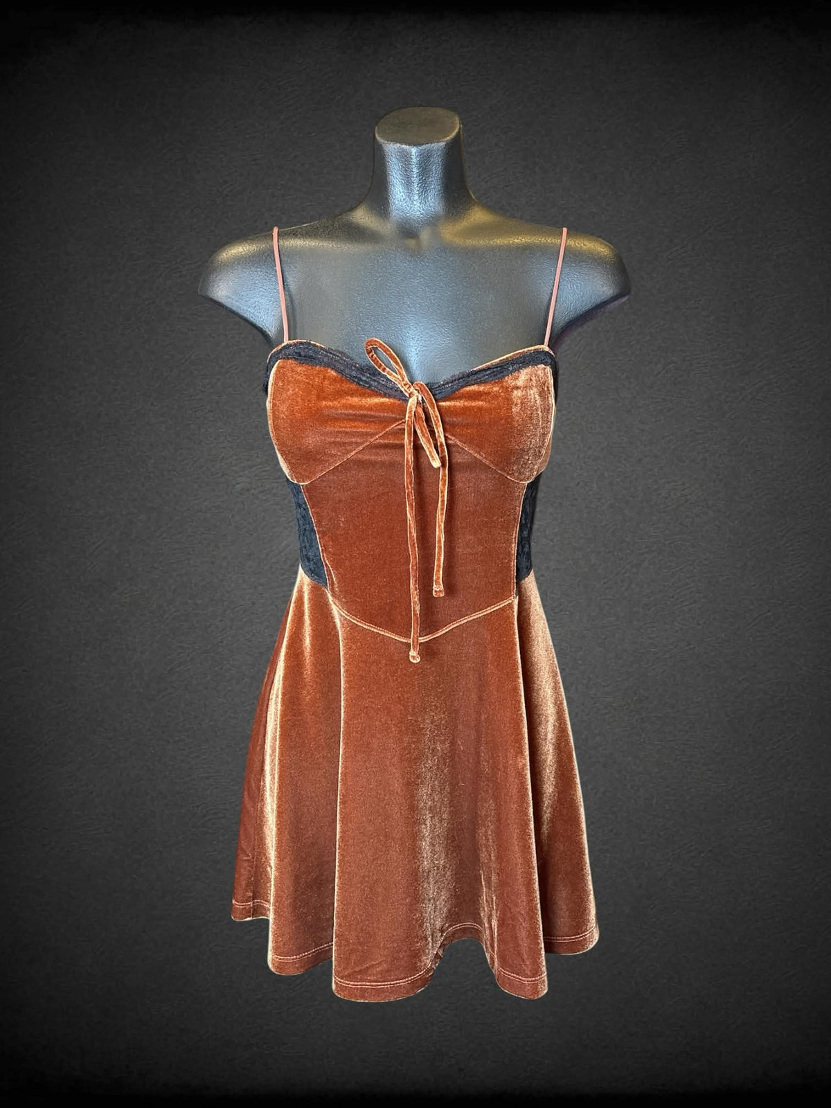 XS Urban Outfitters brown velvet short dress with black lace detailing, and adjustable straps