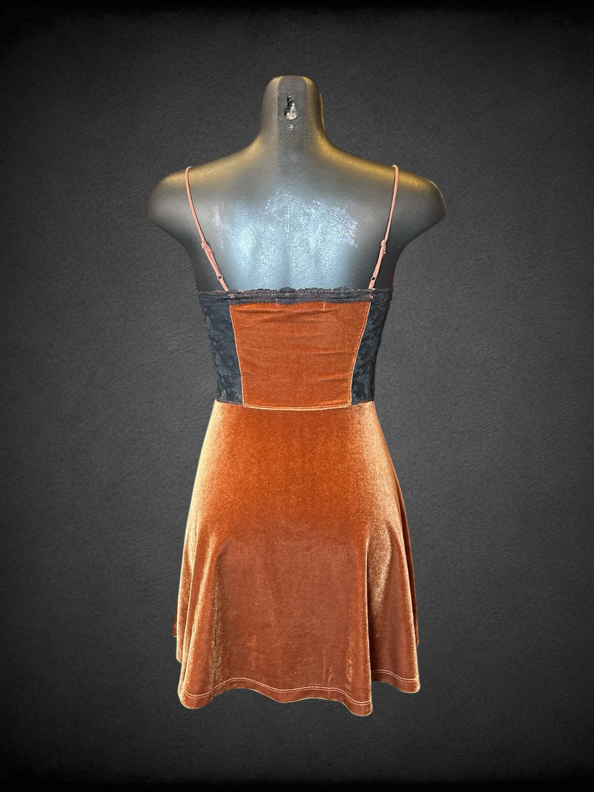XS Urban Outfitters brown velvet short dress with black lace detailing, and adjustable straps