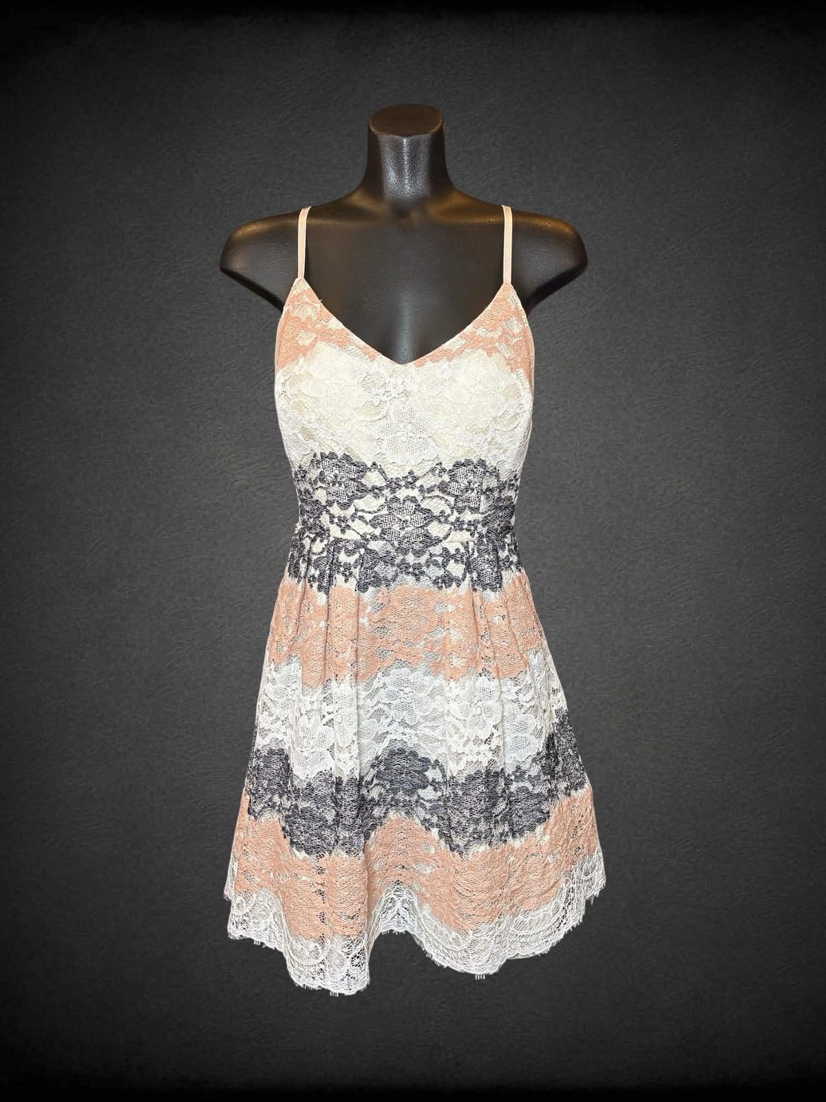 S Black Collection white short dress with floral lace striped design, padded bra, and zipper on back