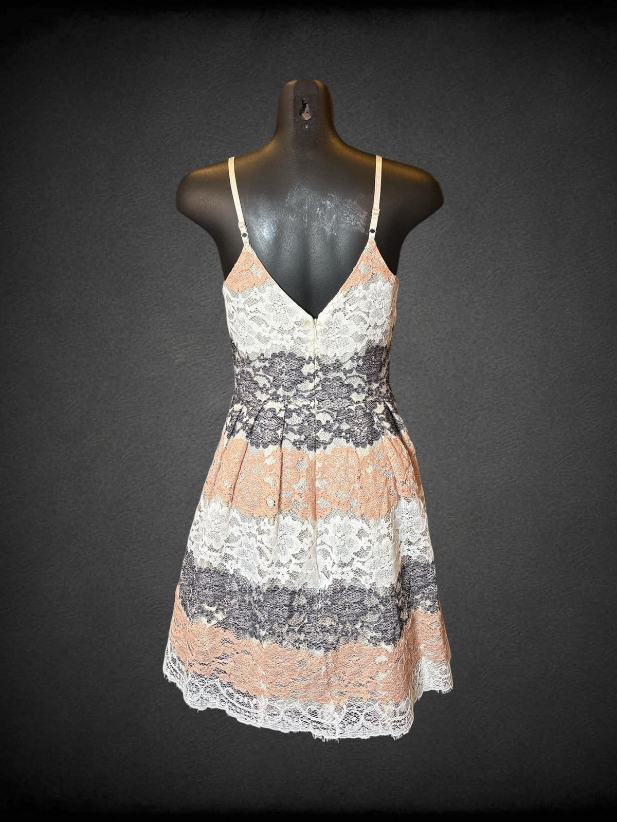S Black Collection white short dress with floral lace striped design, padded bra, and zipper on back