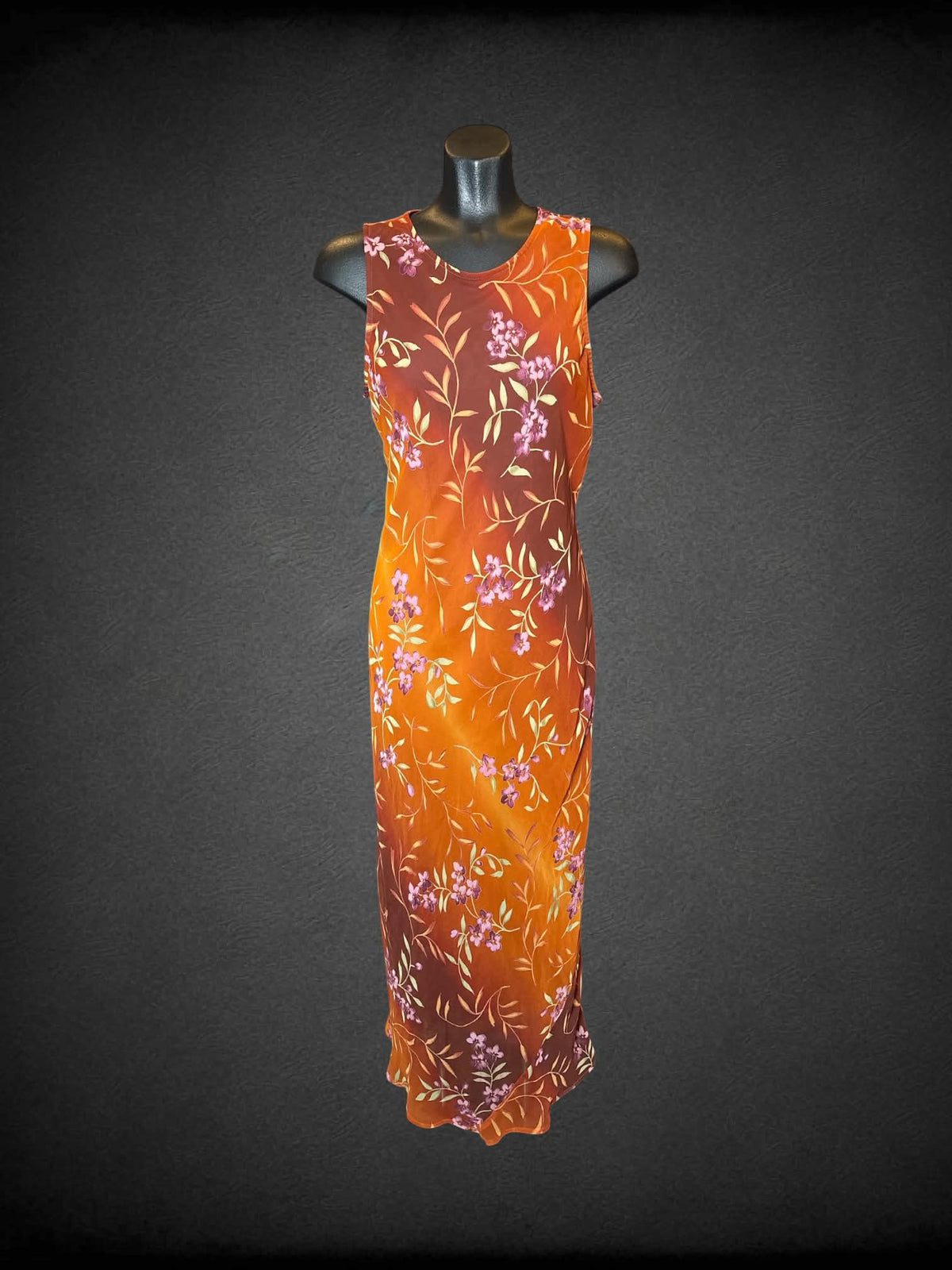 M My Michelle Y2K orange & brown layered dress with floral pattern, gradient design, and button on back