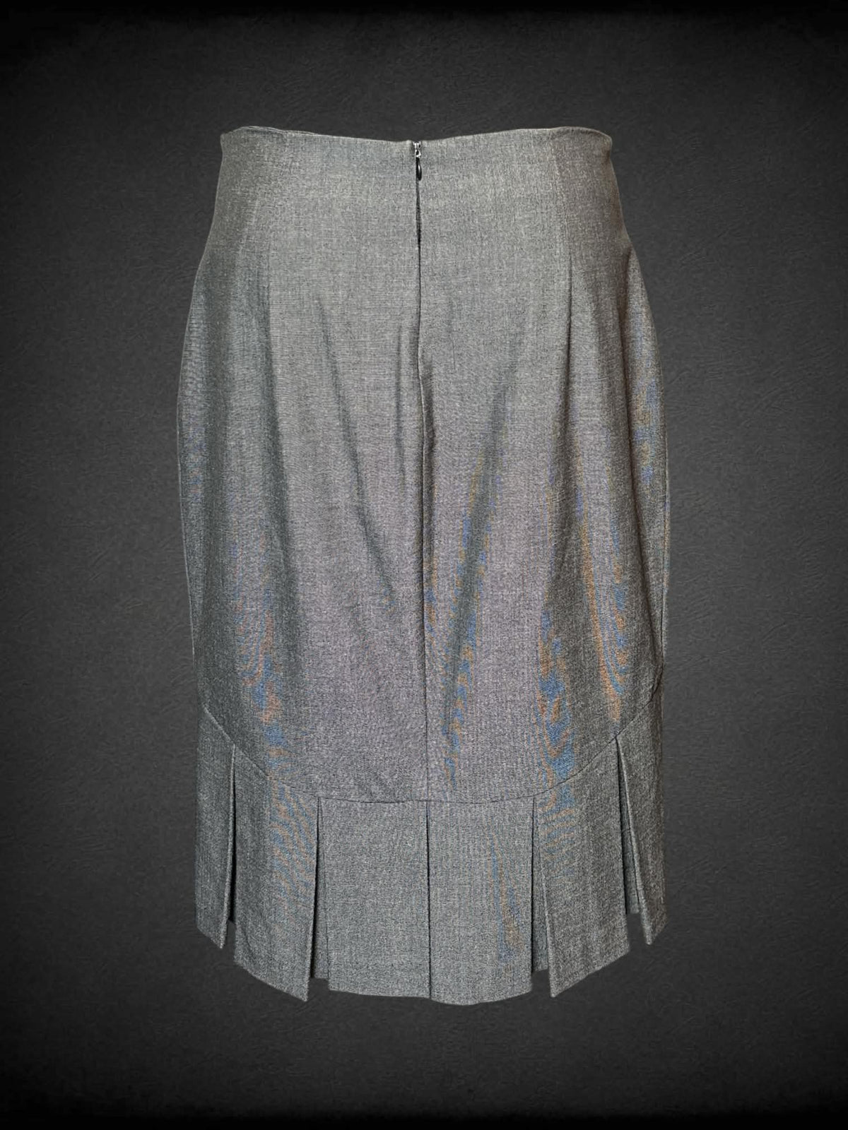 M XOXO grey pencil skirt with black lace design on front, zipper on back, and pleated hemline on back
