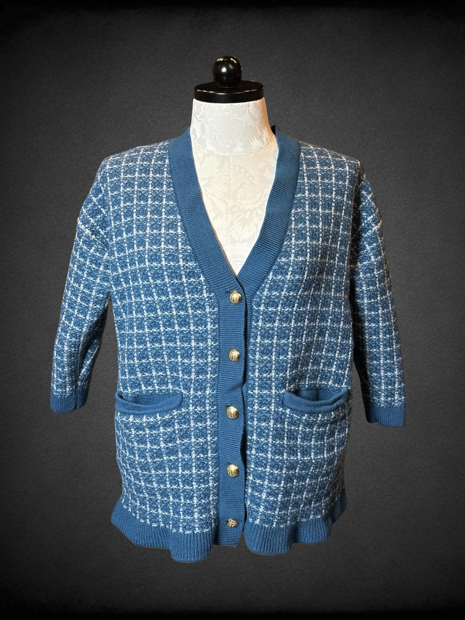 0X Talbots blue plaid wool knit three-quarter sleeve cardigan with buttons and pockets on front