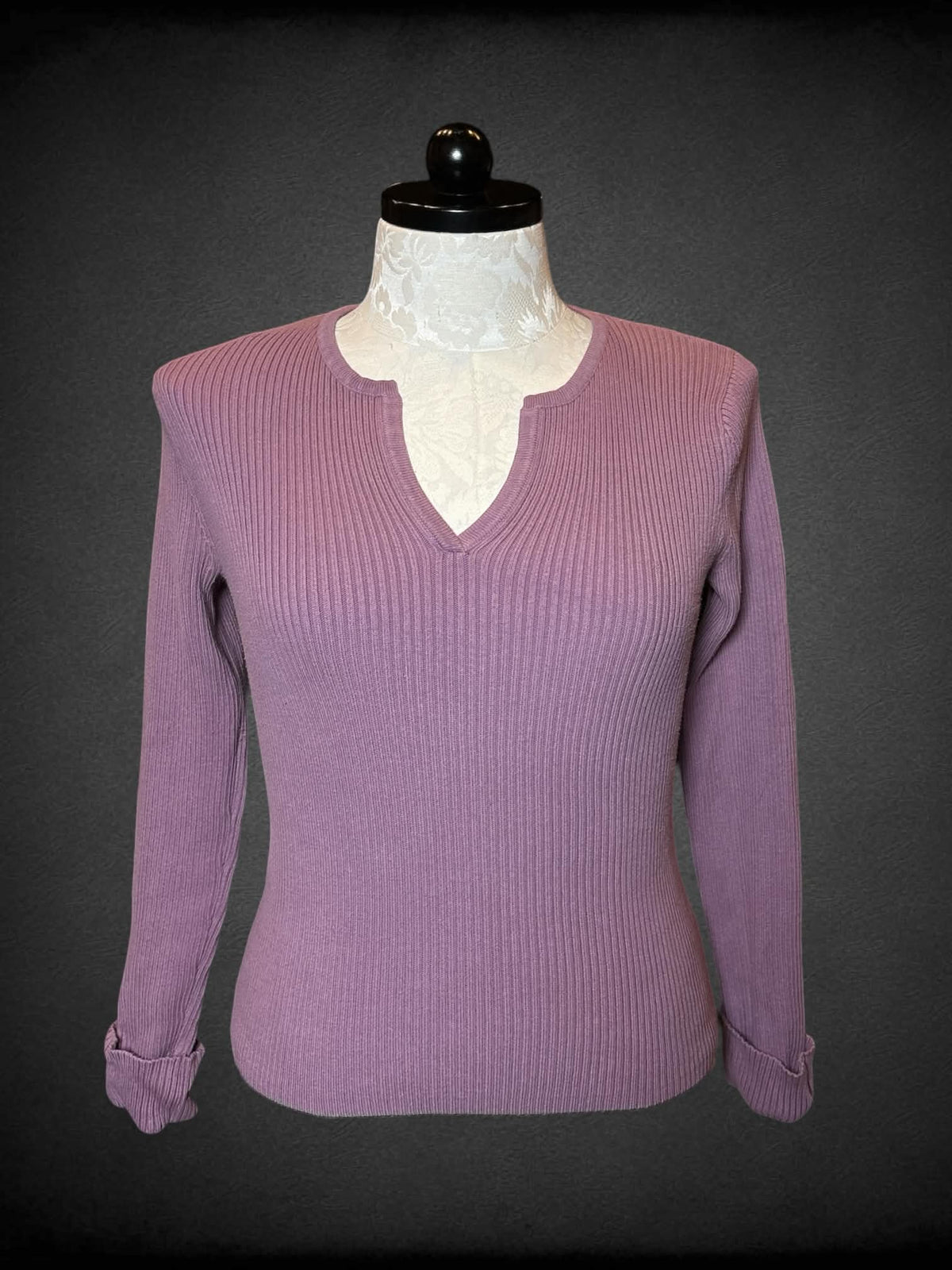 1X Calvin Klein Y2K mauve ribbed knit sweater top with cuffed sleeves