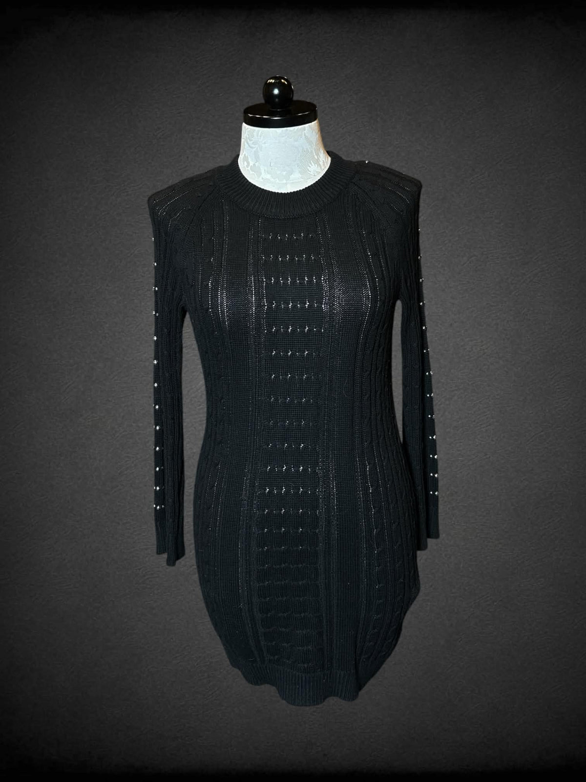 1X Pink Rose black long-sleeve knit sweater dress with metallic beaded detailing on sleeves