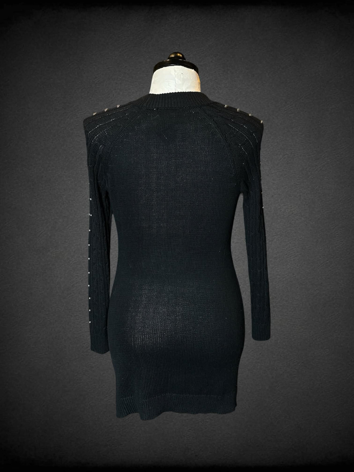 1X Pink Rose black long-sleeve knit sweater dress with metallic beaded detailing on sleeves