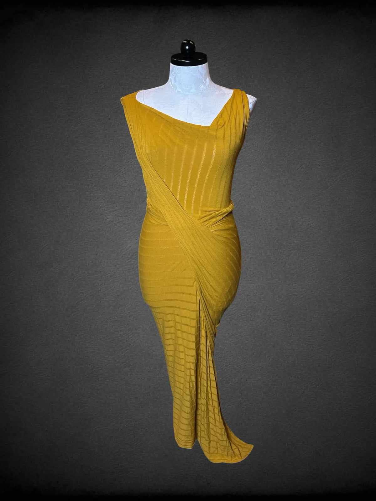 1X Vivienne Westwood designer gold striped dress with wrap-around slouched design