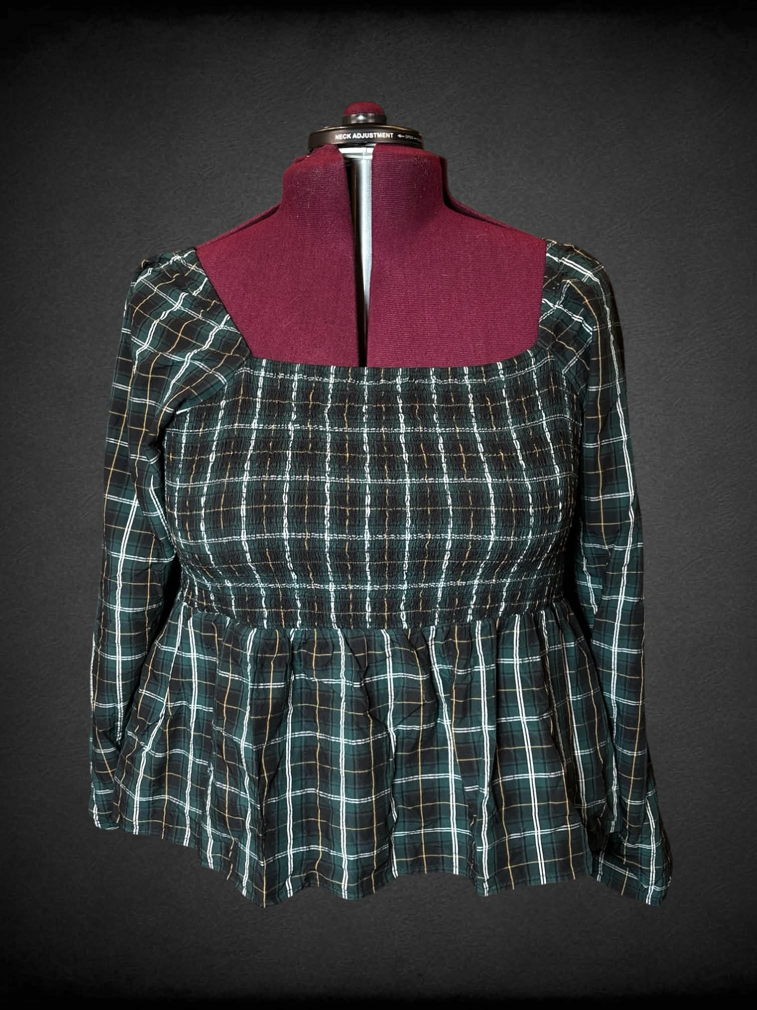 2X Old Navy green plaid long-sleeve blouse with shirred top, and cutout on back