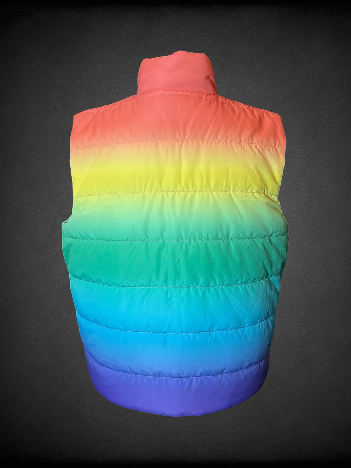 2X rainbow gradient reversible zip-up puffer vest, with peach reverse side