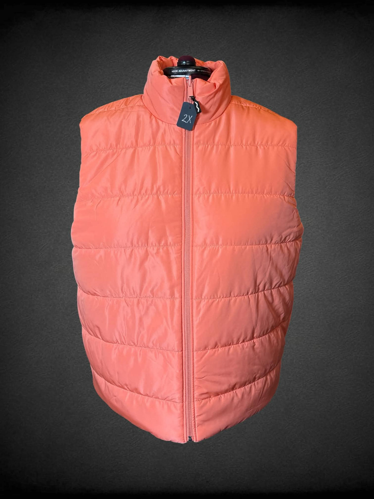 2X rainbow gradient reversible zip-up puffer vest, with peach reverse side