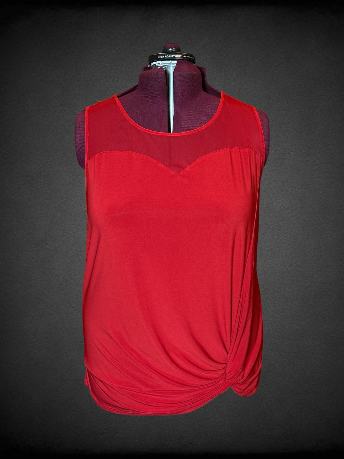 3X Liz McCoy red blouse with mesh detailing on top, and cinched design on front