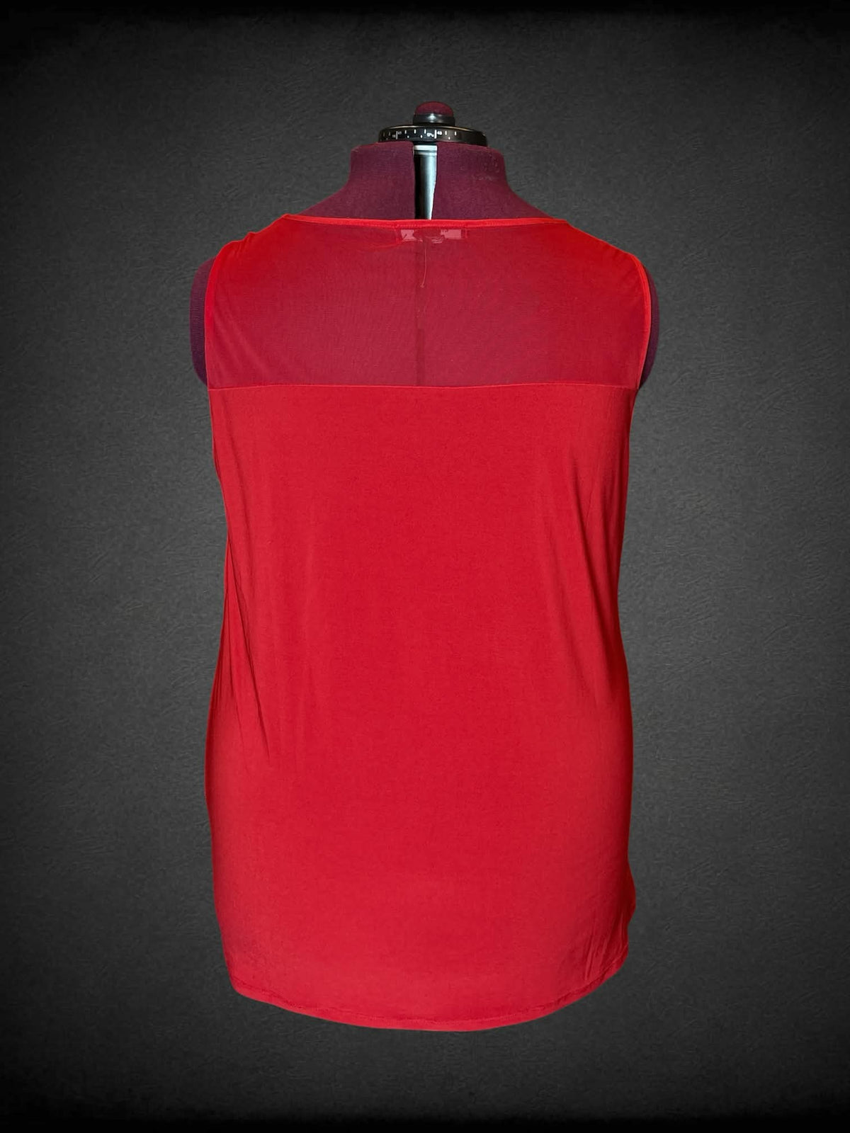 3X Liz McCoy red blouse with mesh detailing on top, and cinched design on front