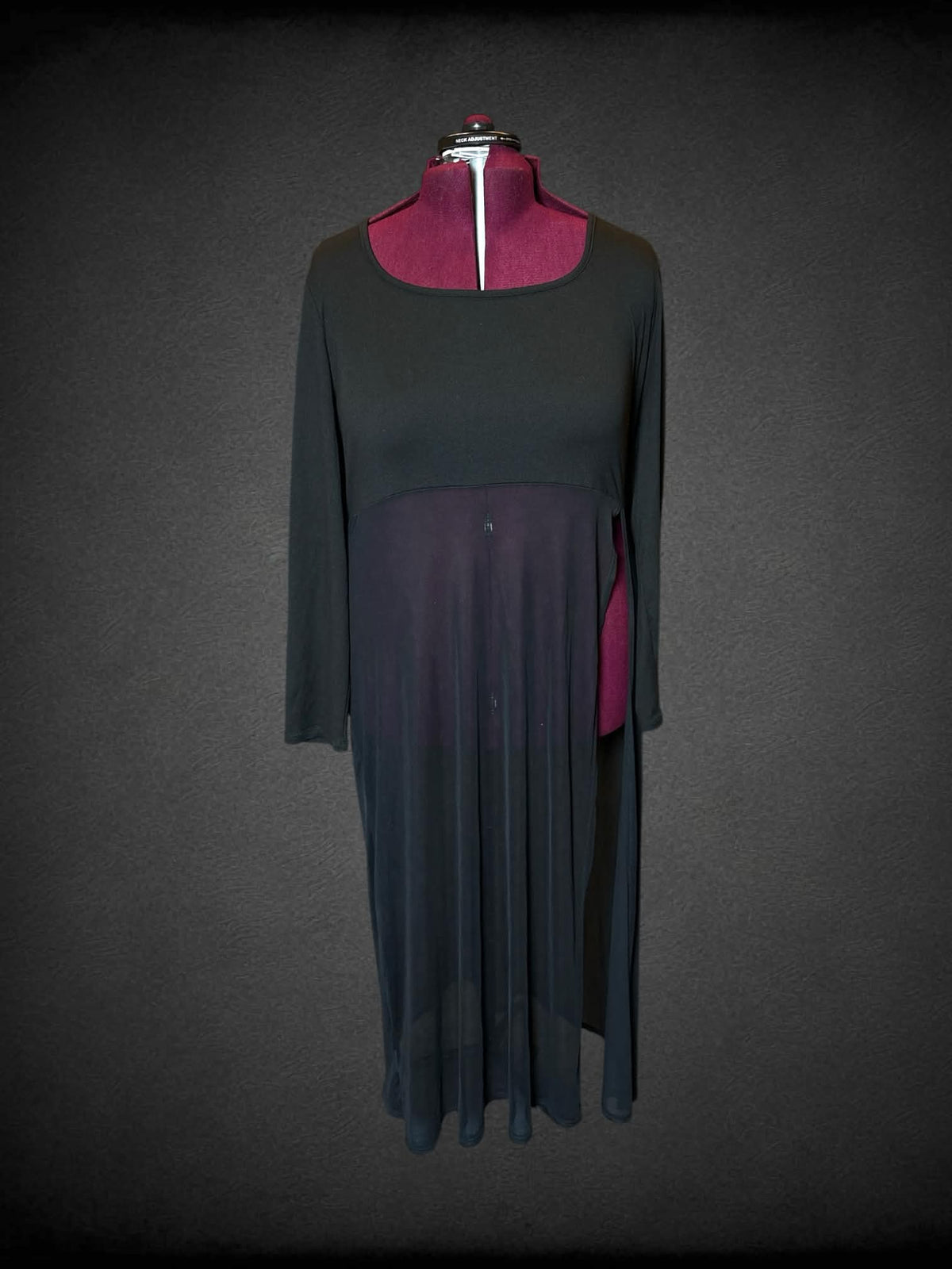 3X Urban Rose black long-sleeve dress with sheer mesh skirt, and slit in skirt