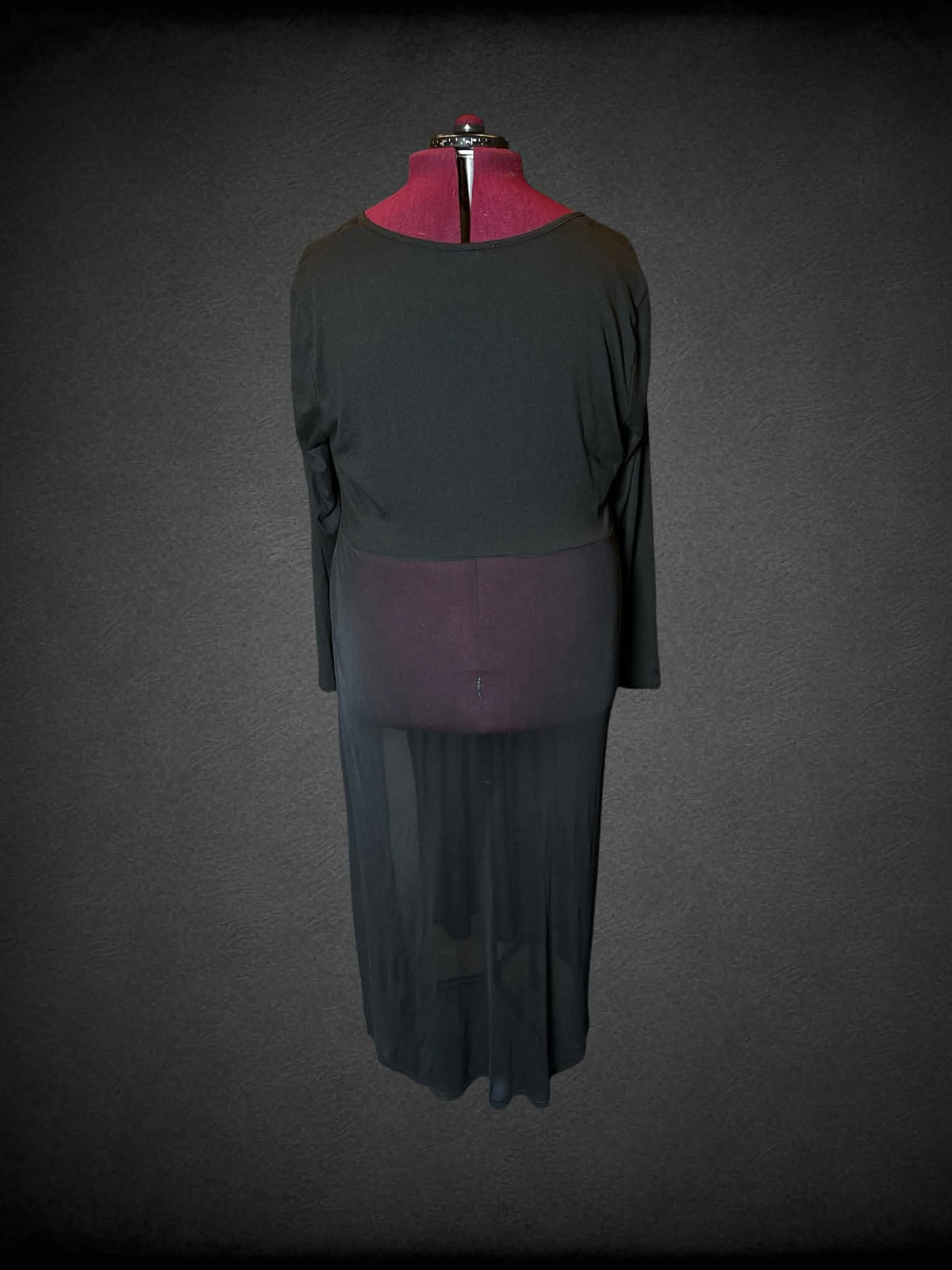 3X Urban Rose black long-sleeve dress with sheer mesh skirt, and slit in skirt