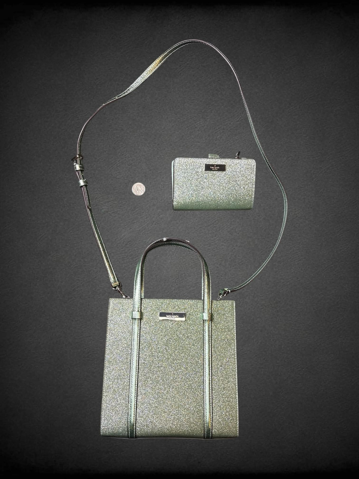 Kate Spade NWT designer green sparkly shoulder bag and wallet with zipper pockets