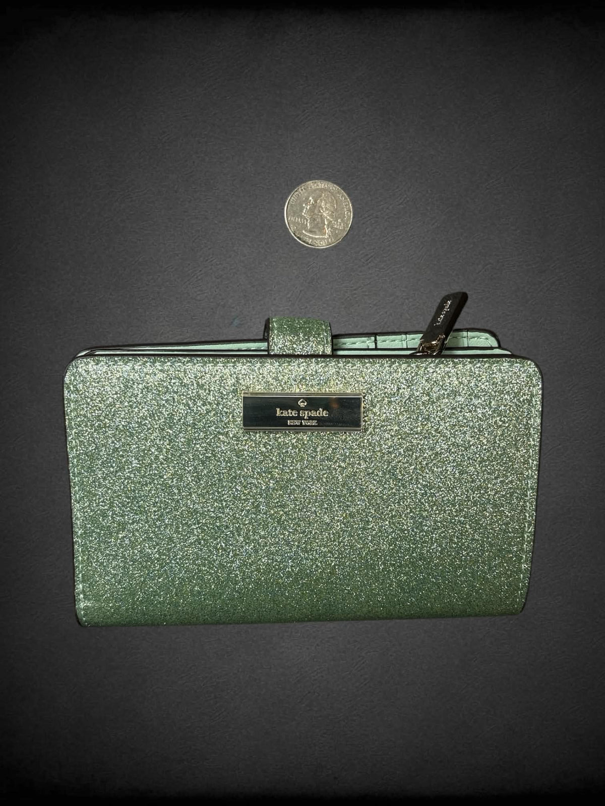 Kate Spade NWT designer green sparkly shoulder bag and wallet with zipper pockets