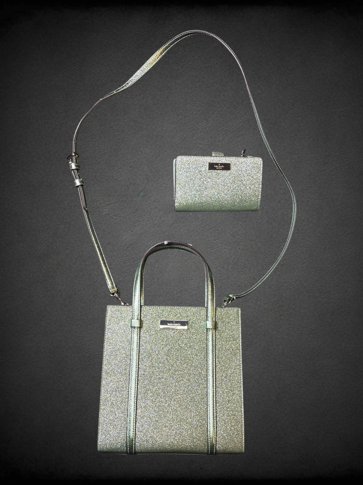Kate Spade NWT designer green sparkly shoulder bag and wallet with zipper pockets