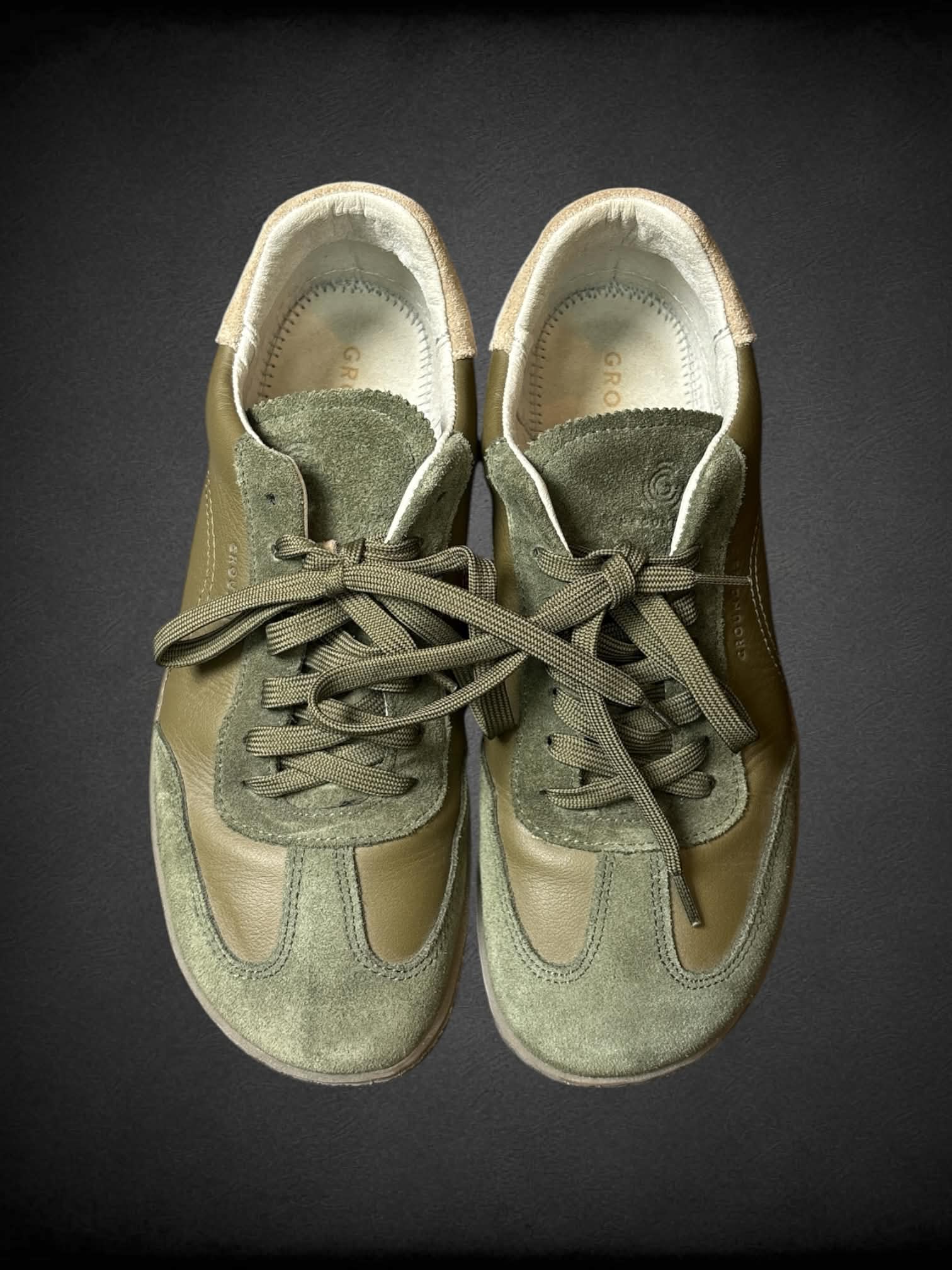 Size 7 Groundies sage green suede & leather sneakers