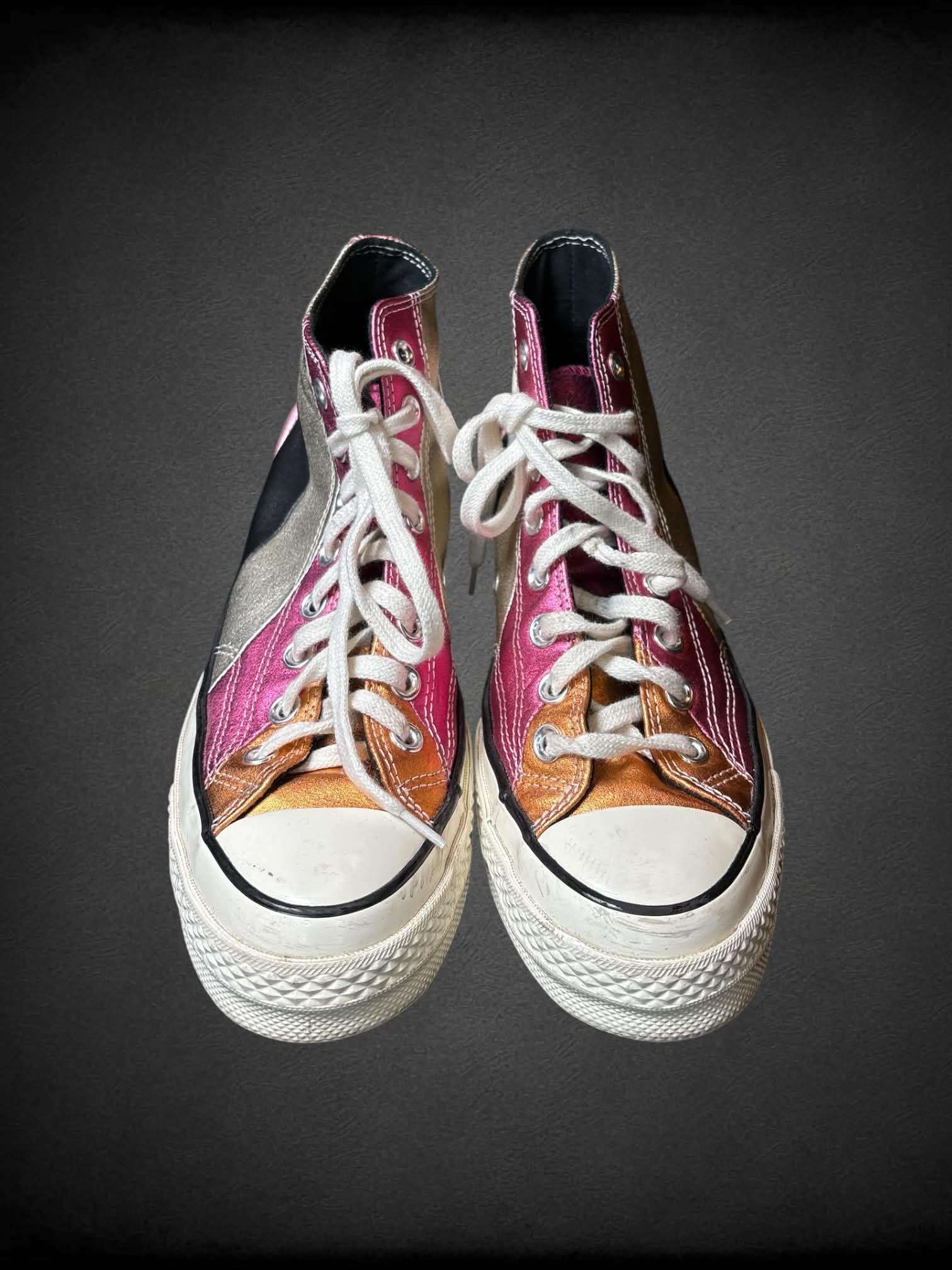Size 8.5W Converse with shimmery pink, silver and black striped design