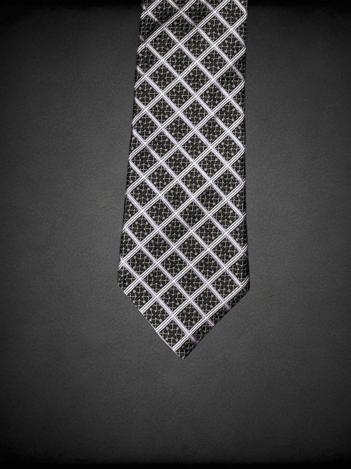Genesis black & purple silk tie with grid pattern
