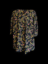 Load image into Gallery viewer, 4X NWT Black scoopneck top w/ yellow &amp; pink floral pattern, shired waist, 3/4 balloon sleeves, &amp; back button keyhole closure
