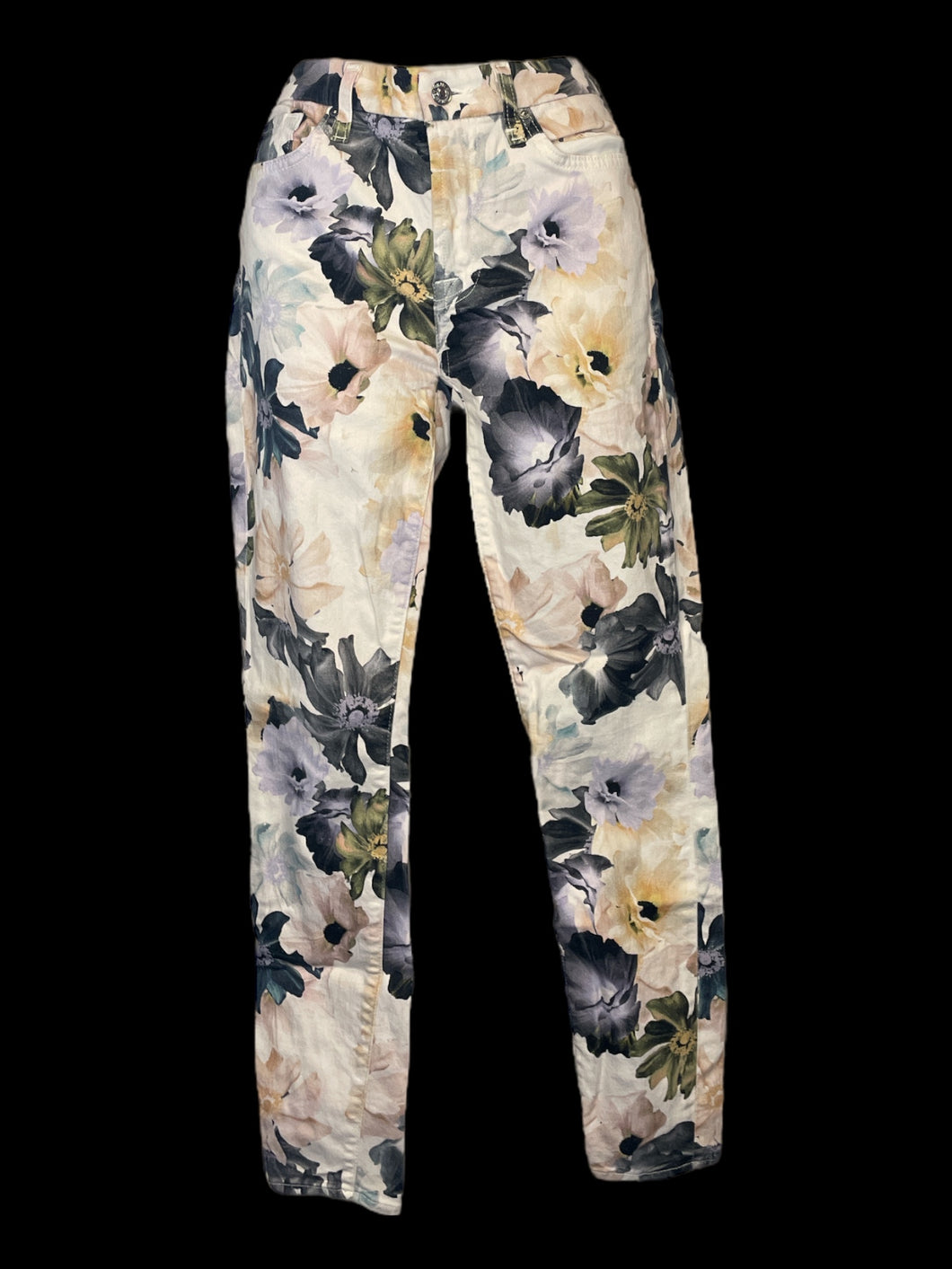 S White & multicolor floral denim taper leg high waist pants w/ pockets, belt loops, & button/zipper closure