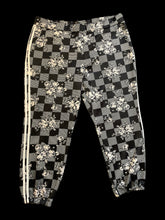 Load image into Gallery viewer, 3X Black checkerboard zip down sweater &amp; jogger set w/ floral pattern, white stripe accent, &amp; elastic hems on pants
