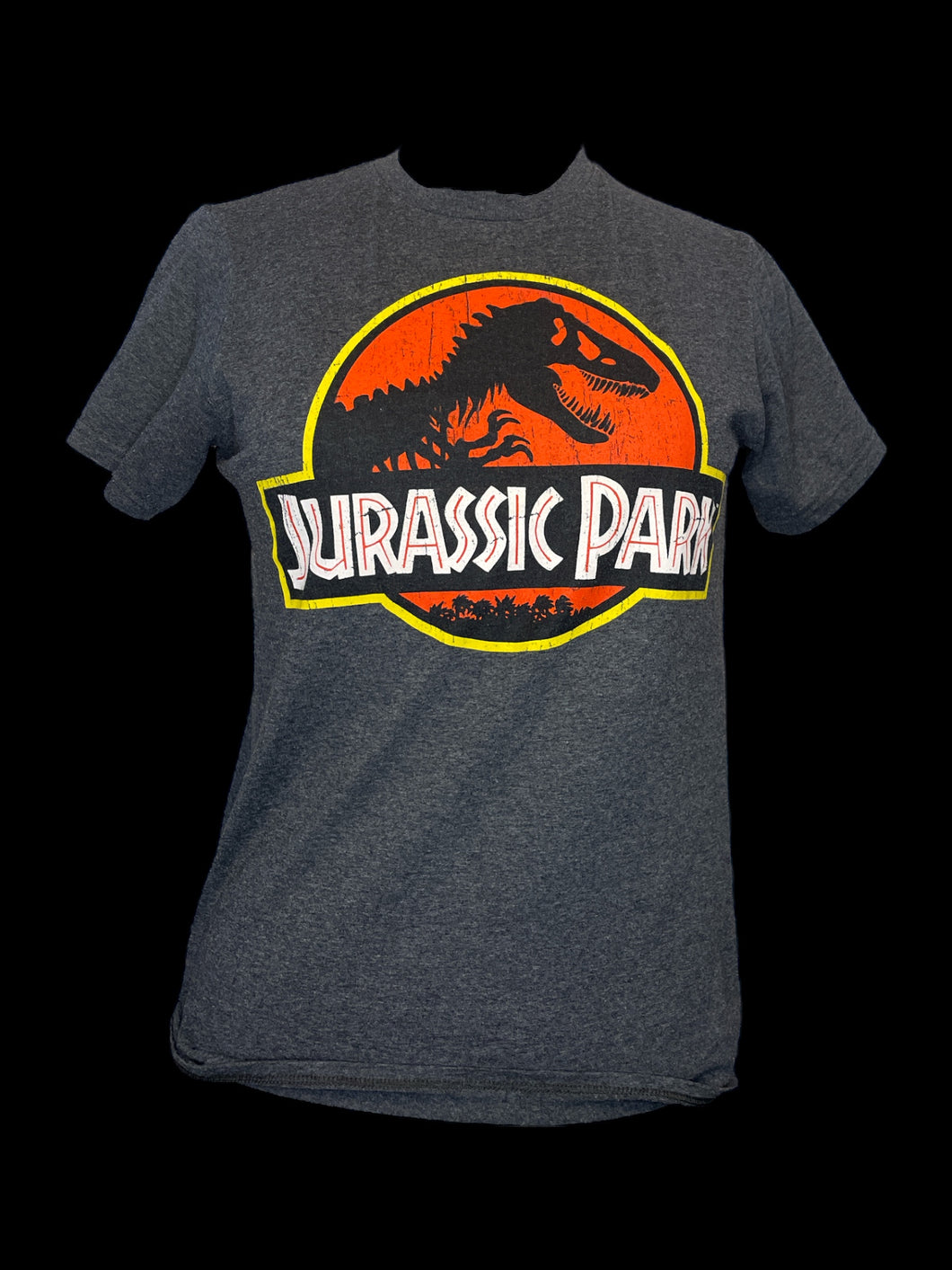 M Heather grey short sleeve crew neck top w/ “Jurassic Park” logo graphic