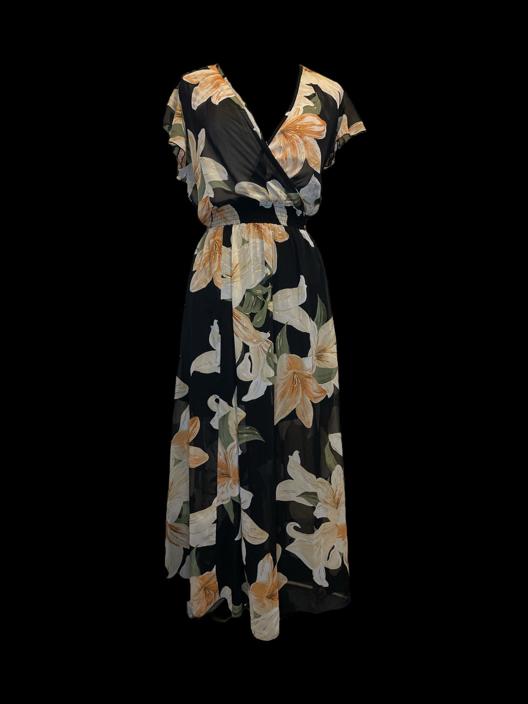 XL Black, beige, & peach floral print sheer short butterfly sleeve mock wrap neckline maxi dress w/ gold accents, short black petticoat, & shirred waist