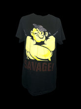Load image into Gallery viewer, XL Black short sleeve crew neck top w/ Popeye graphic, &amp; red “Savage!” text
