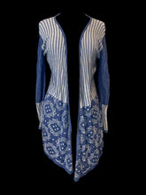 Load image into Gallery viewer, 0X Grey &amp; blue grey stripe &amp; geometric pattern knit open front waterfall cardigan
