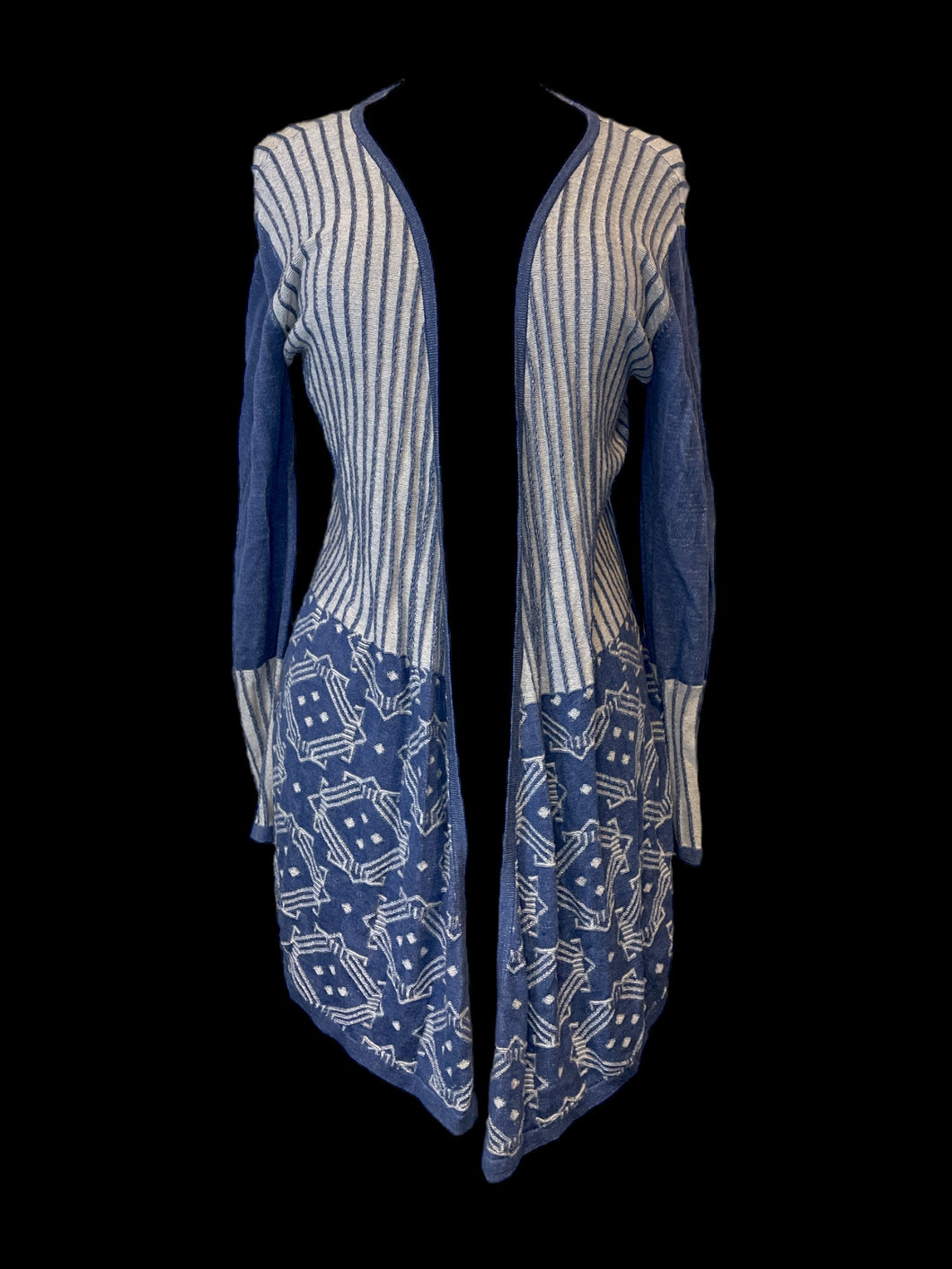 0X Grey & blue grey stripe & geometric pattern knit open front waterfall cardigan