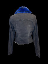 Load image into Gallery viewer, M Black distressed denim button down crop jacket w/ blue &amp; black faux fur detachable collar, distressed hem, button cuffs, &amp; chest pockets
