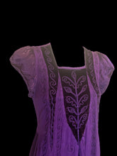 Load image into Gallery viewer, M Purple short sleeve Holy Clothing dress w/ multitexture pattern, ruffle sleeves, built-in fabric belt, &amp; keyhole back

