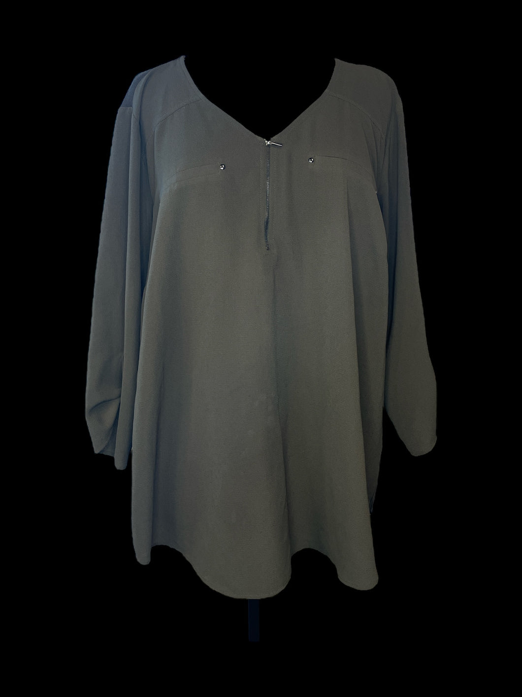 2X Dark sage green 3/4 sleeve v-neckline partial zip hi-lo top w/ faux chest pockets, tab button cuff, & round hem