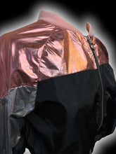 Load image into Gallery viewer, L Black, metallic pink, &amp; metallic silver color block zip up crop jacket w/ o-ring detail, &amp; elastic hem
