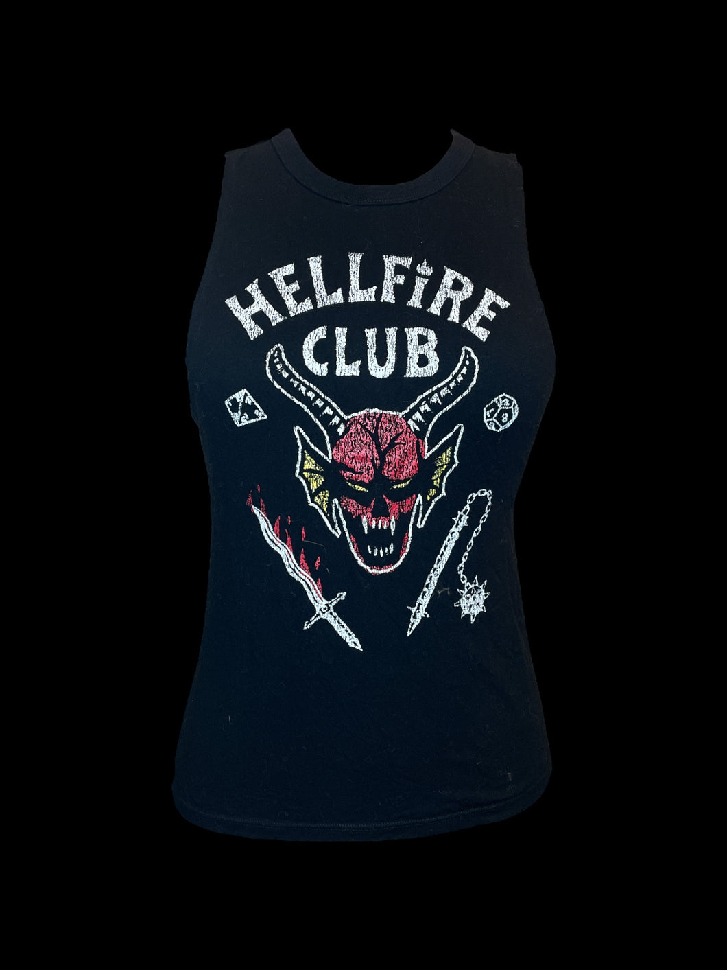 M Black, white, red, & yellow “Stranger Things” sleeveless rocker neckline top w/ Hellfire Club logo