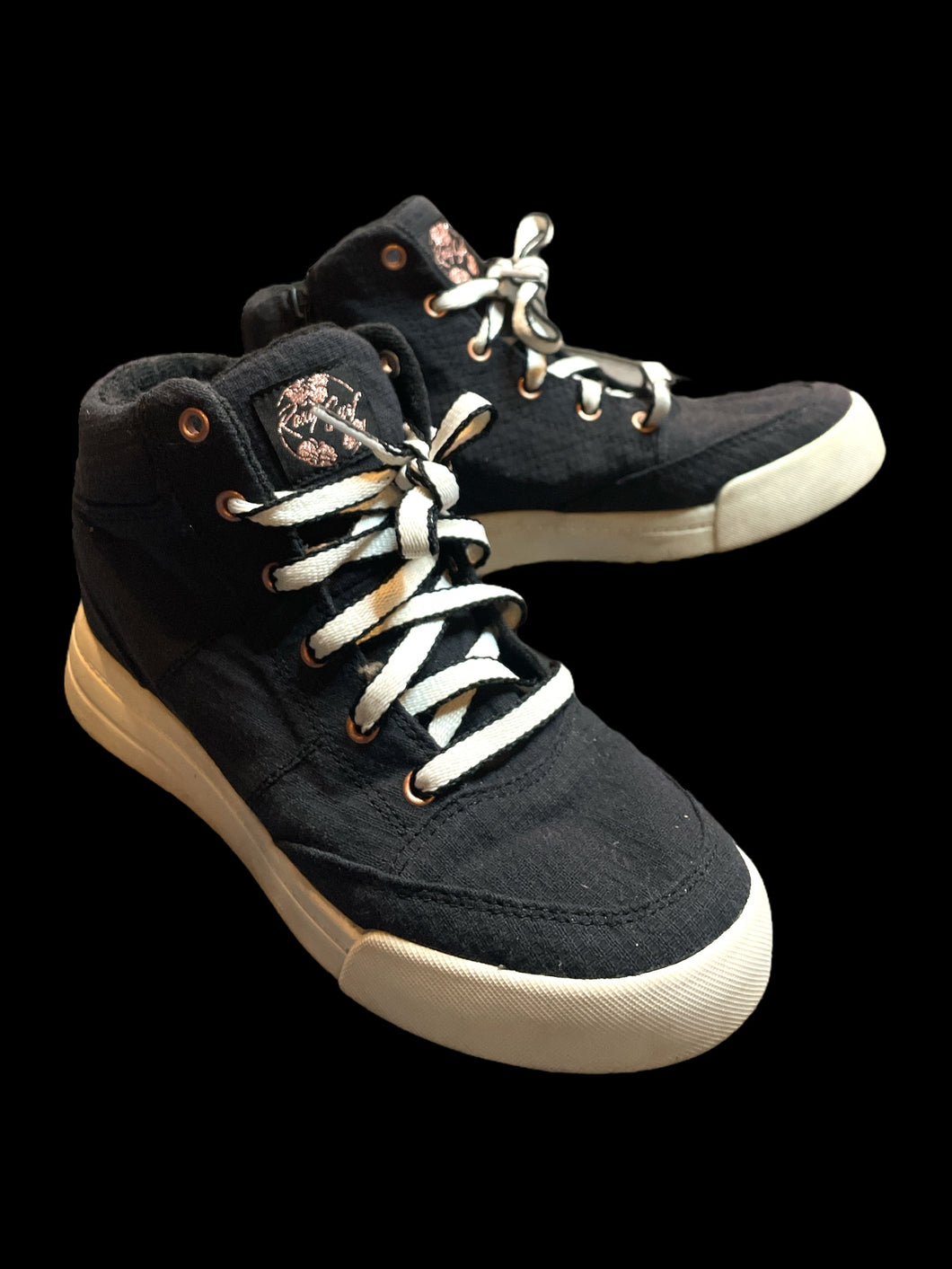 6.5W Black high top sneakers w/ black & white laces, & “Roxy Surf” logo