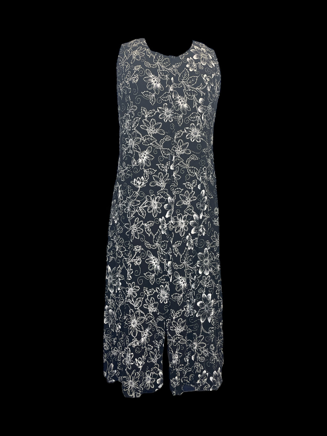 L Vintage black & white floral sleeveless button-up midi dress w/ textured fabric