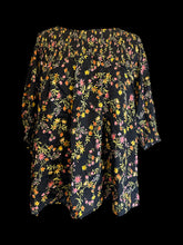 Load image into Gallery viewer, 4X NWT Black scoopneck top w/ yellow &amp; pink floral pattern, shired waist, 3/4 balloon sleeves, &amp; back button keyhole closure
