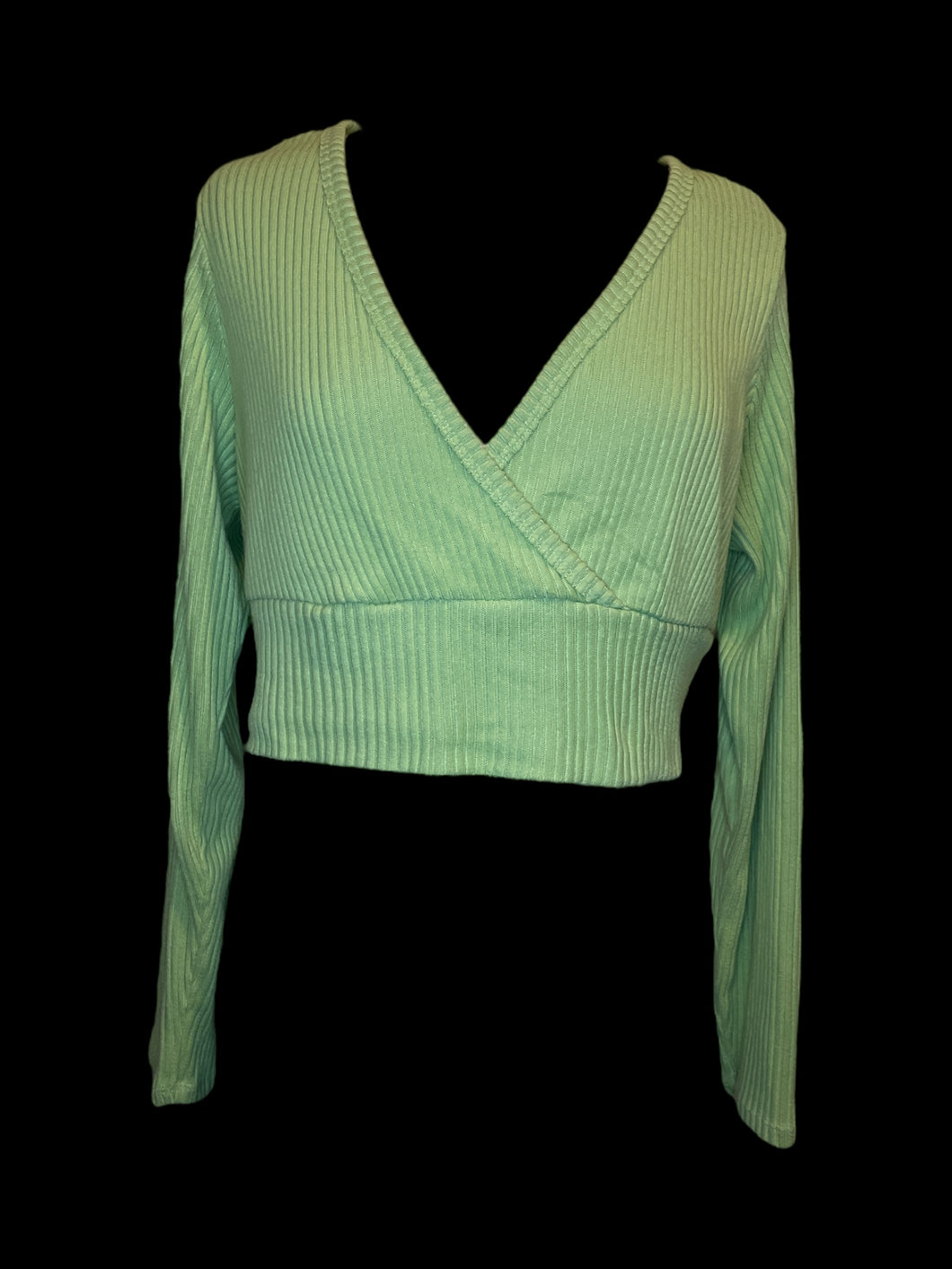 XL Lime green long sleeve mock wrap neckline rib knit crop top