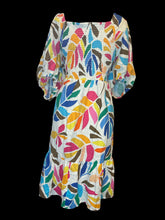 Load image into Gallery viewer, 3X NWT White &amp; multicolor geometric botanical pattern puff sleeve off the shoulder dress w/ pockets, &amp; shirred back
