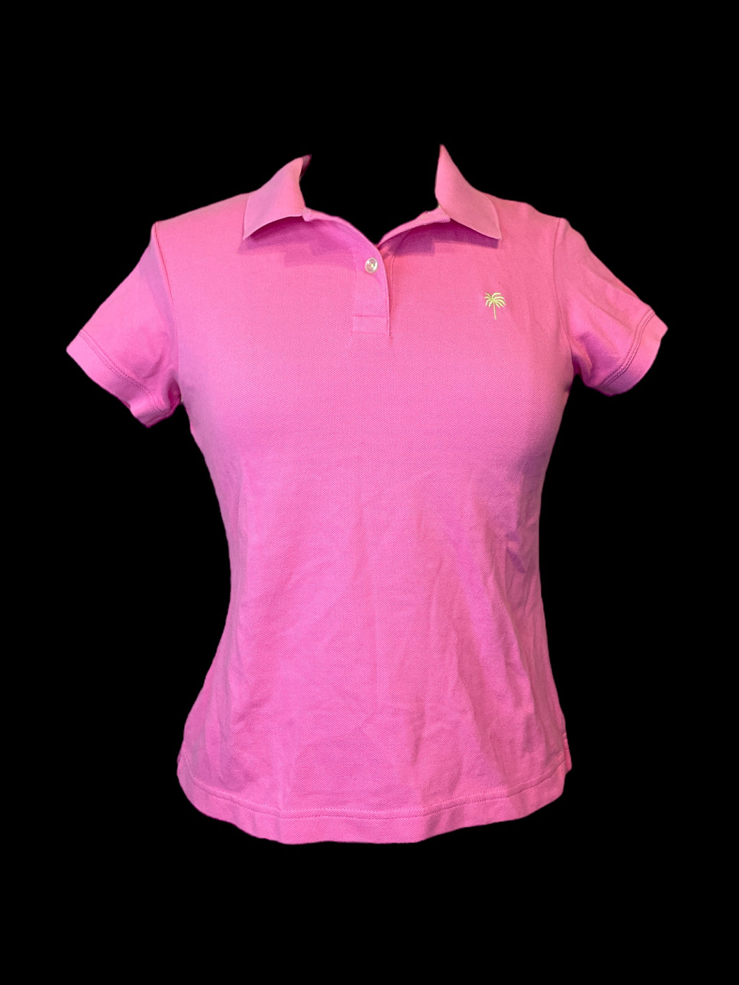 M Pink short sleeve polo top w/ lime green palm tree embroidery