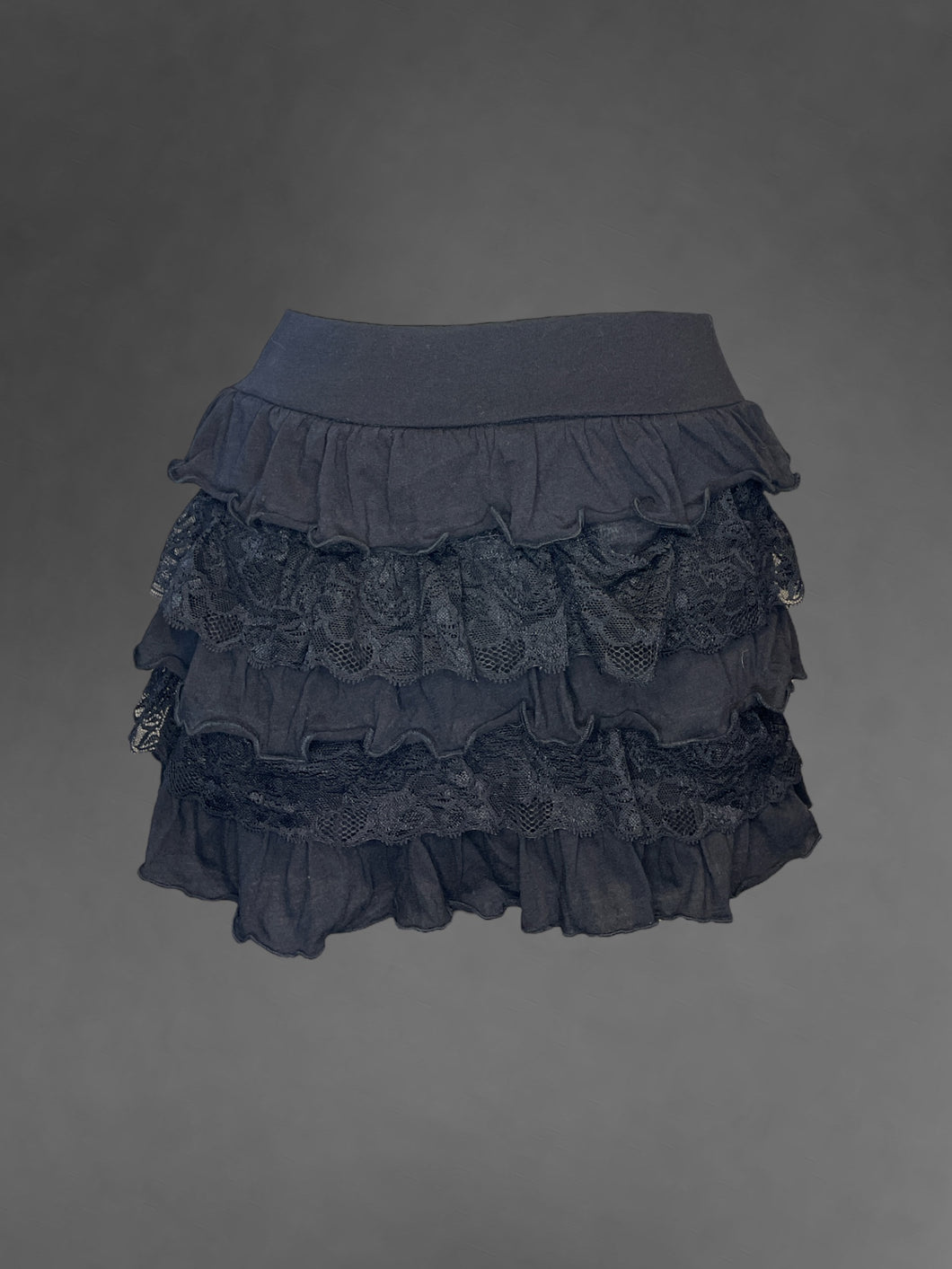 S Black skirt w/ layered lace ruffles, & elastic waist