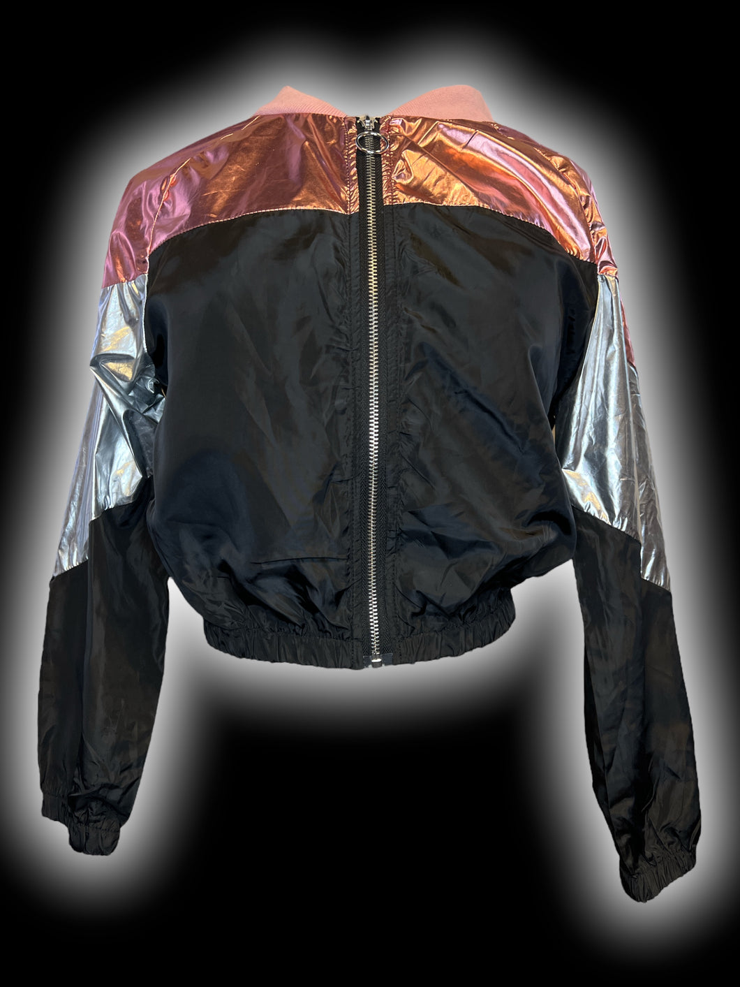 L Black, metallic pink, & metallic silver color block zip up crop jacket w/ o-ring detail, & elastic hem